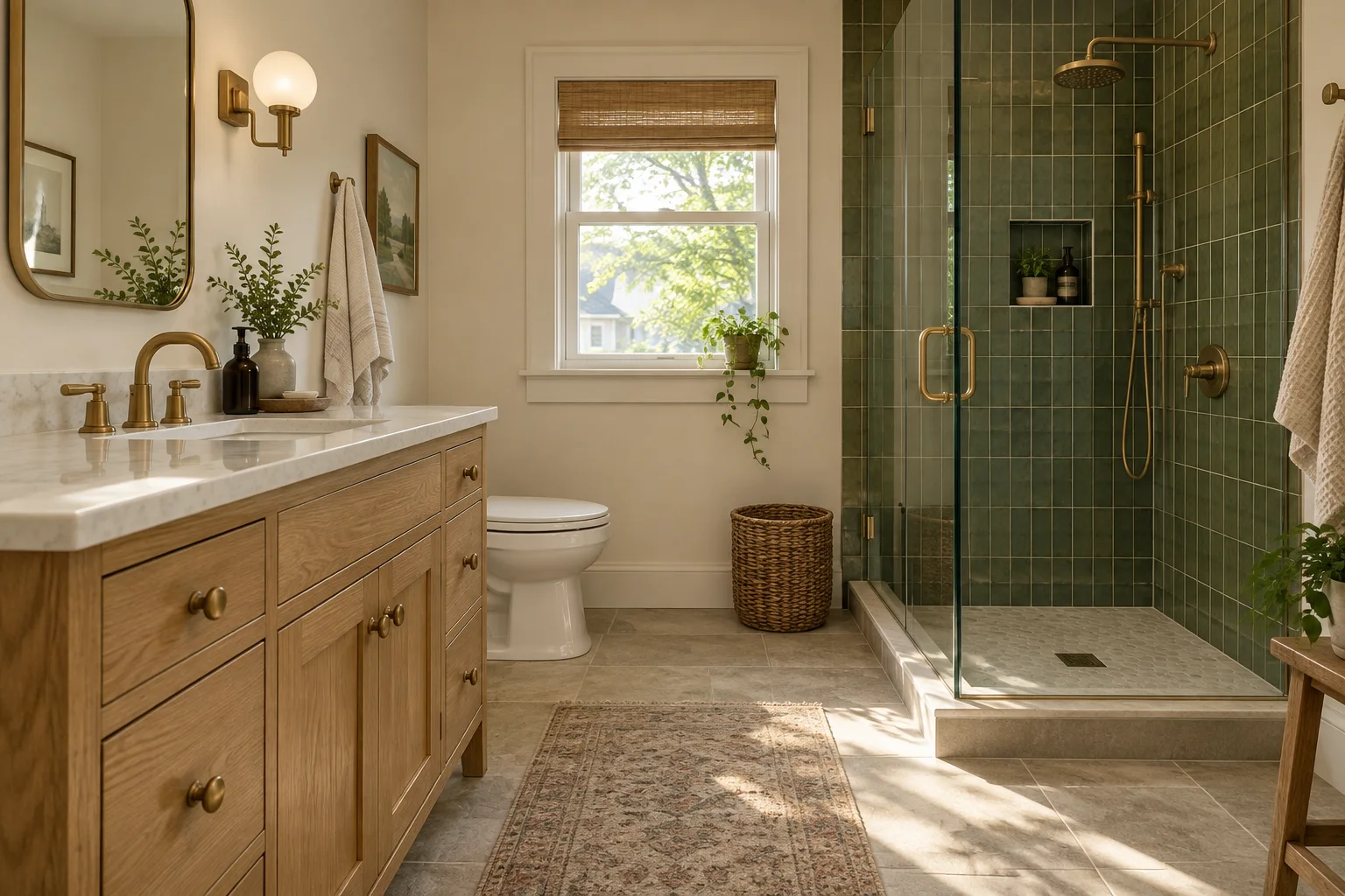 Bathroom concept with oak vanity, green tile shower and natural light